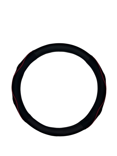 Оплетка на руль 370-390 мм экокожа (черная рифленный перфарированный ообод красны кант) KURUMAKIT