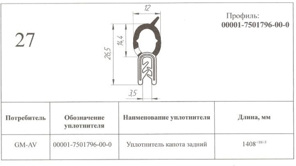 Уплотнитель капота для а/м ВАЗ-2123 (задний) Уралэластотехника