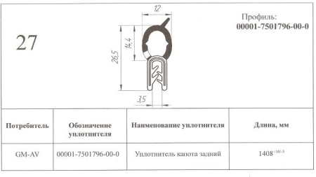 Уплотнитель капота ВАЗ-2123 (задний) Уралэластотехника